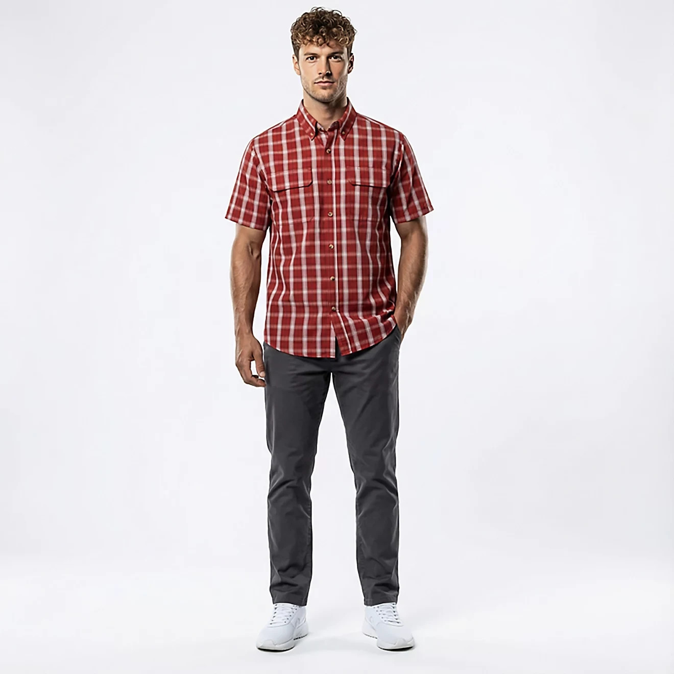 Brazos Contractor Ripstop Plaid Work Shirt Mens L Red Ochre Short Sleeve Cotton