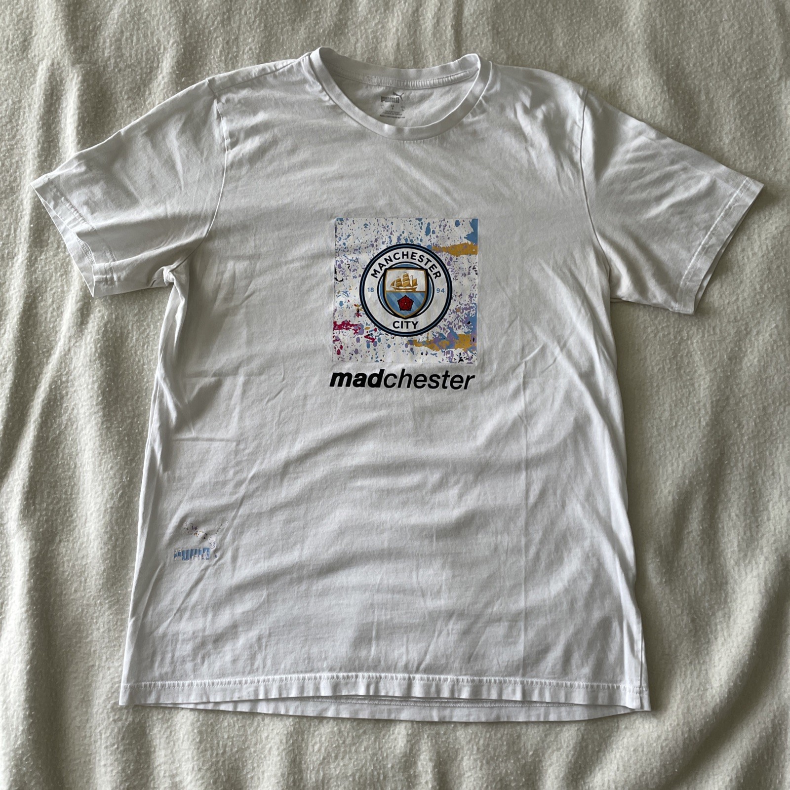 Manchester City Shirt Mens Large Puma Football Soccer Paint Madchester Crest