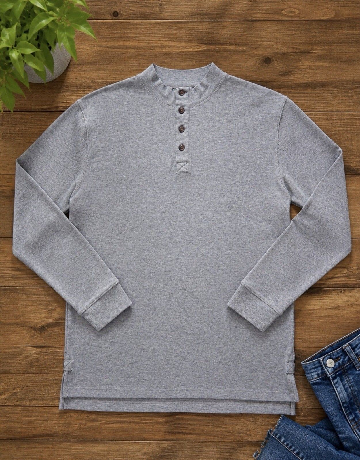 Duluth Trading Co XL Trim Fit Gray Longtail Henley Shirt Stretch Cotton