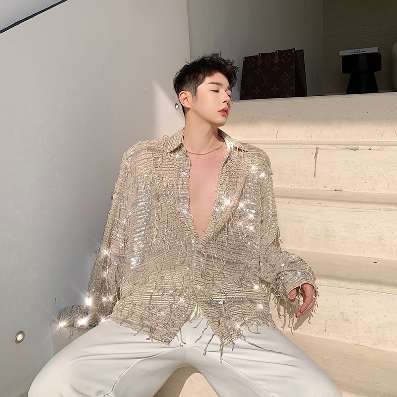 Men Sequin Bling Fringed Shirt Button Sheer Summer Night Club Bar Perform Shiny