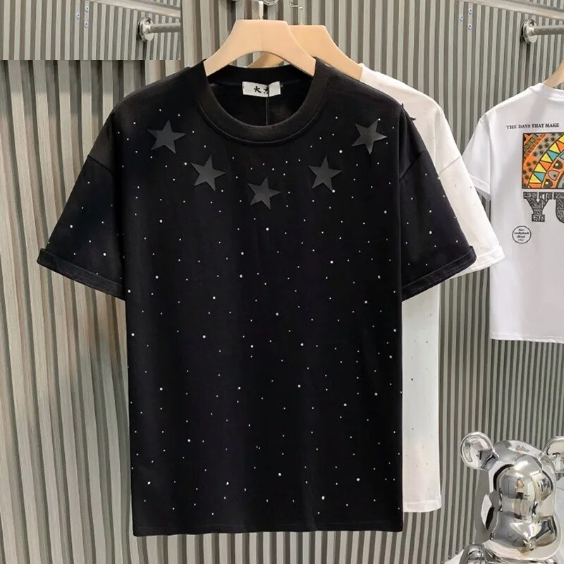 Fashion Trend Stars Rhinestone Diamond Summer Short Sleeve Luxury Men T-Shirt