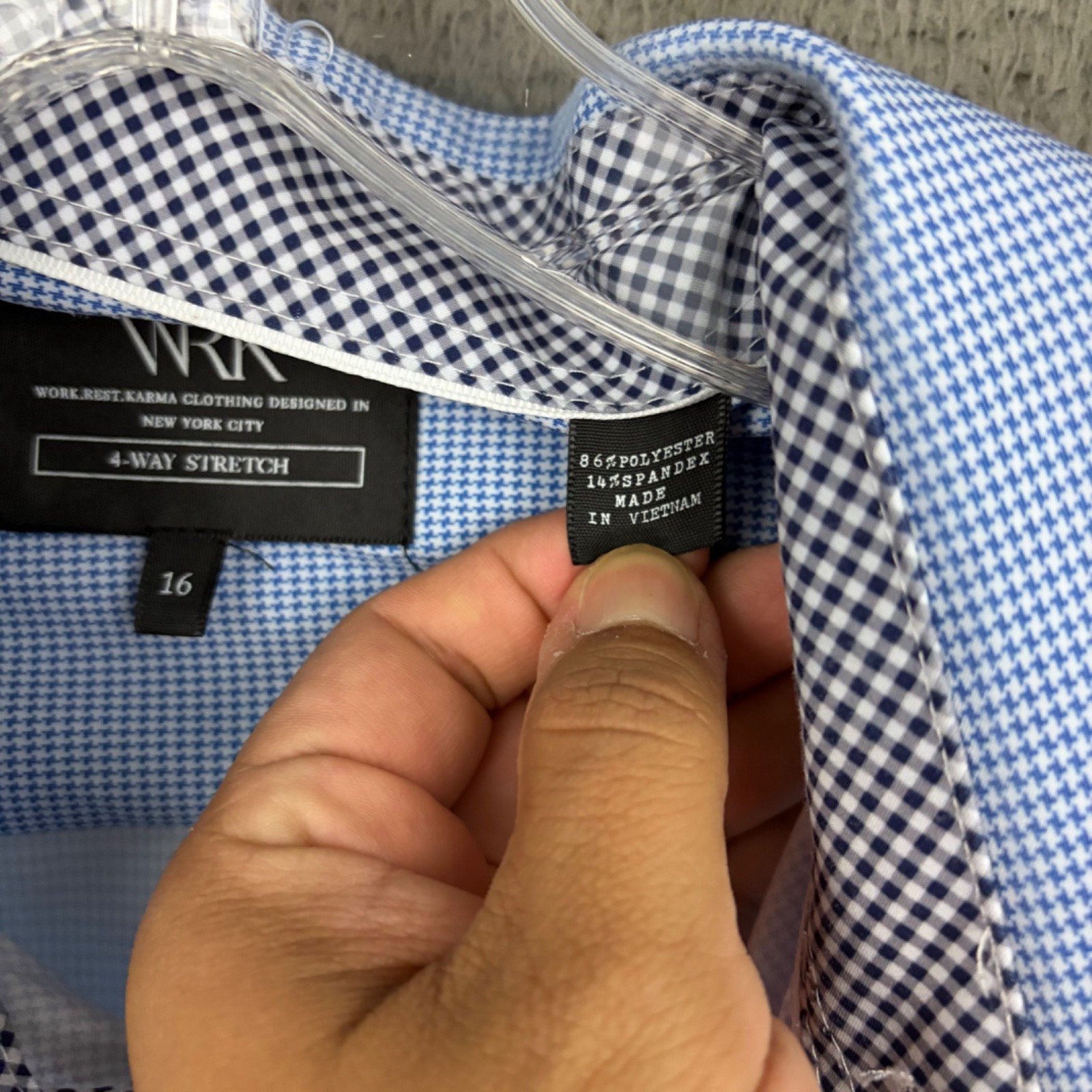 Work Rest Karma Shirt Mens Size 16 Blue Houndstooth 4 Way Stretch Long Sleeve