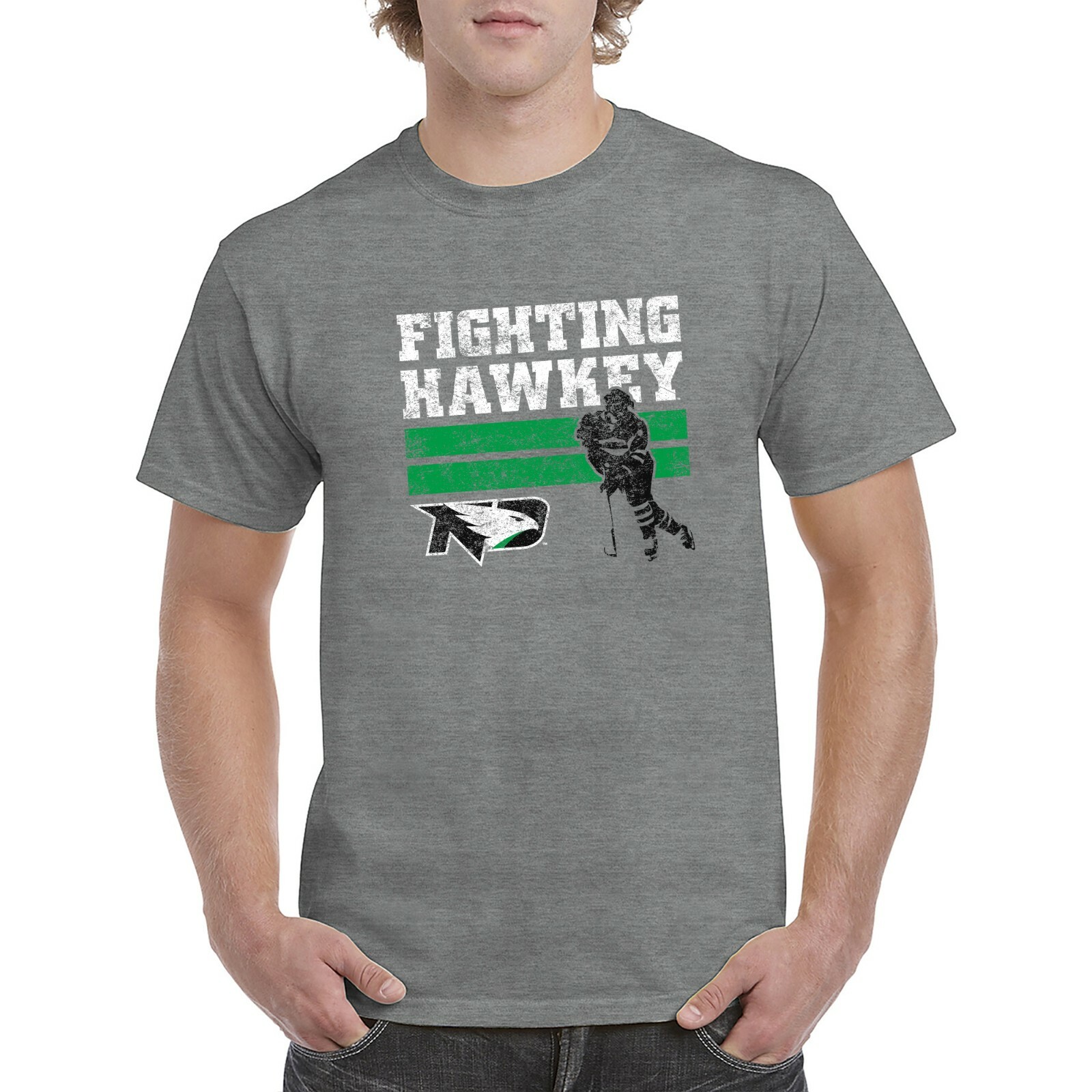 North Dakota Fighting Hawks Retro Ice Hockey T-Shirt – Graphite Heather