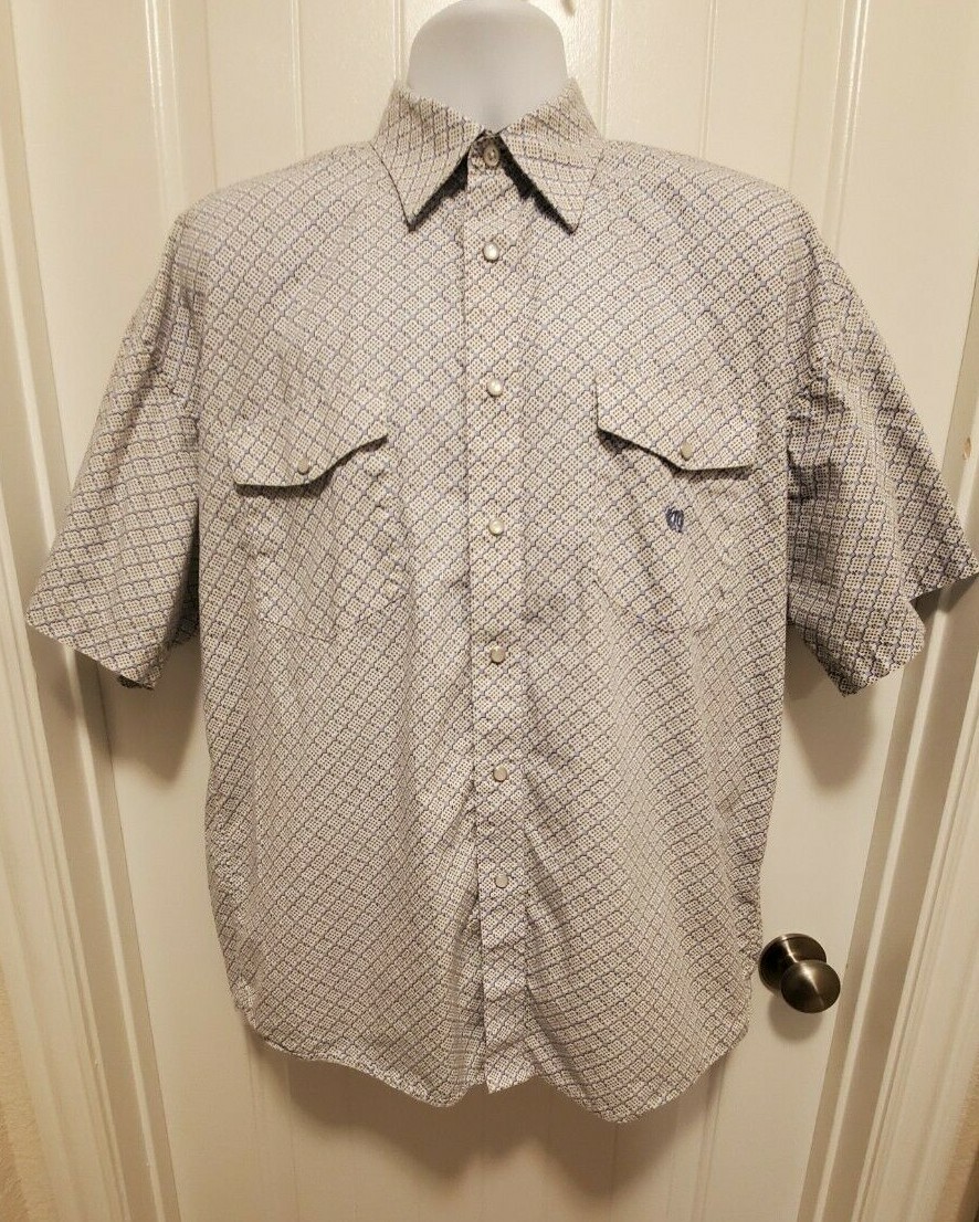Panhandle Slim Western Shirt Size L Pearl Snap Short Sleeve White Blue EUC