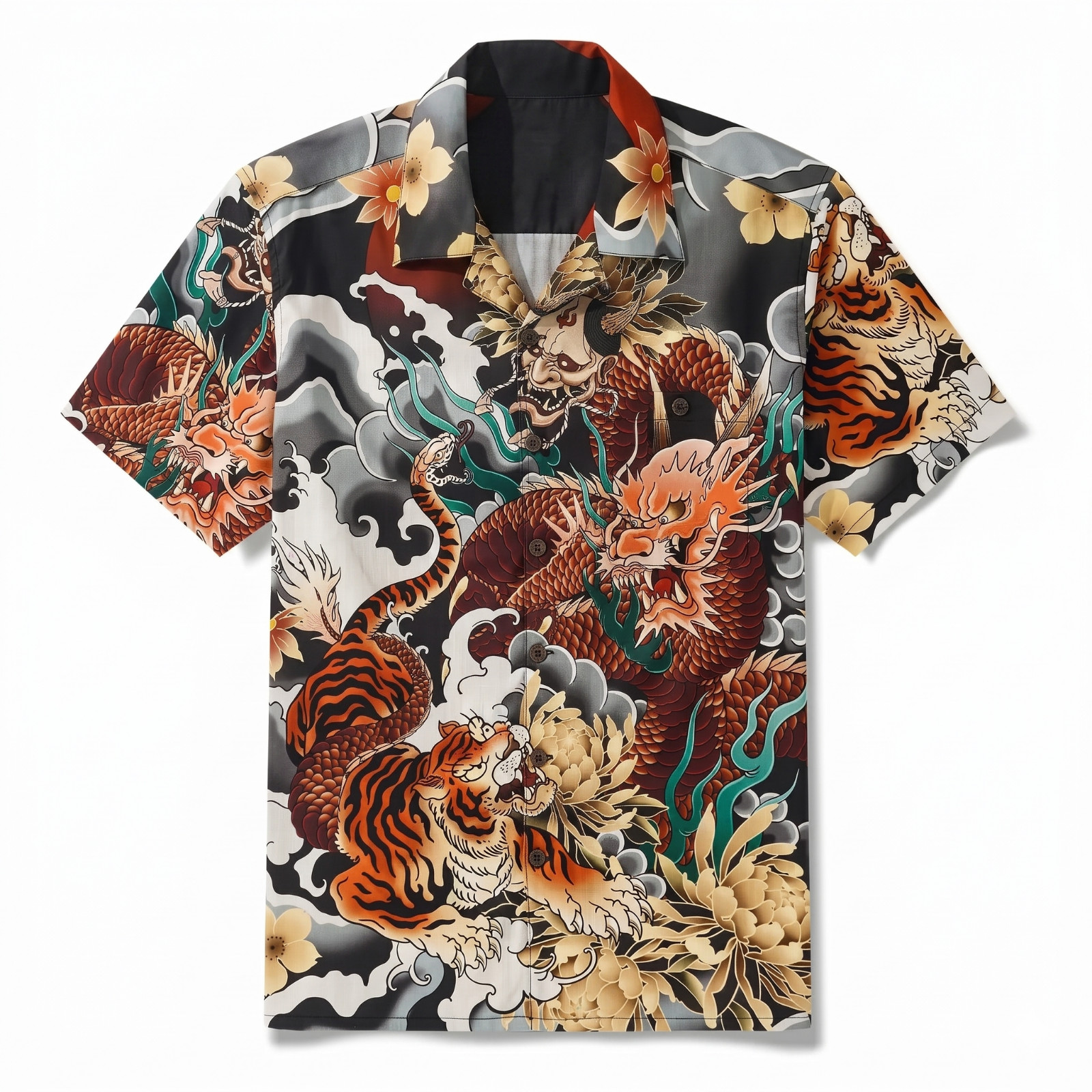Dragon Tiger Hawaiian Shirt Men Japanese Tattoo Button Down Shirt Casual Wear