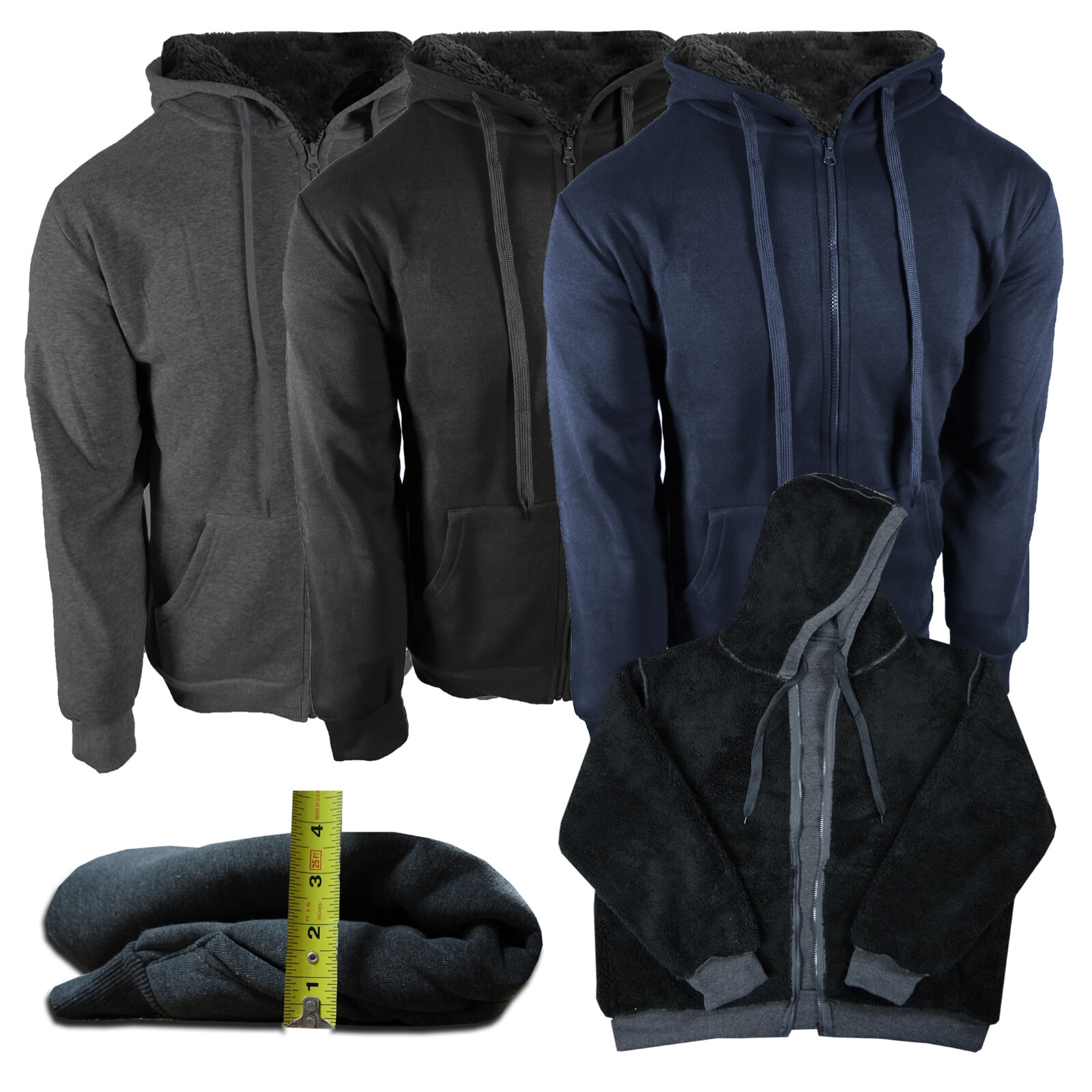 Mens Hoodie Fleece Full Sherpa Lining Jacket Zip Up Warm Thick Weight 2 Pocket
