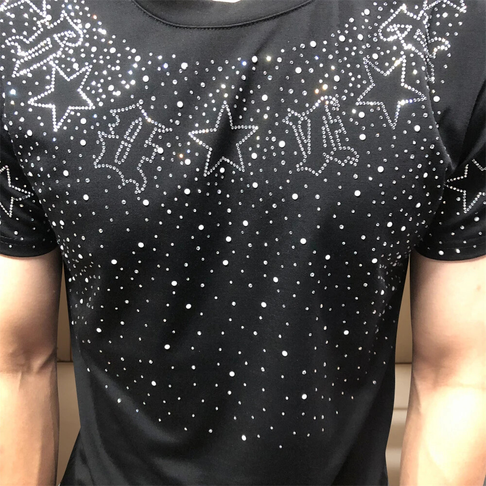 Fashion Star Rhinestone Diamond Summer Short Sleeve Luxury Men Trend T-Shirt