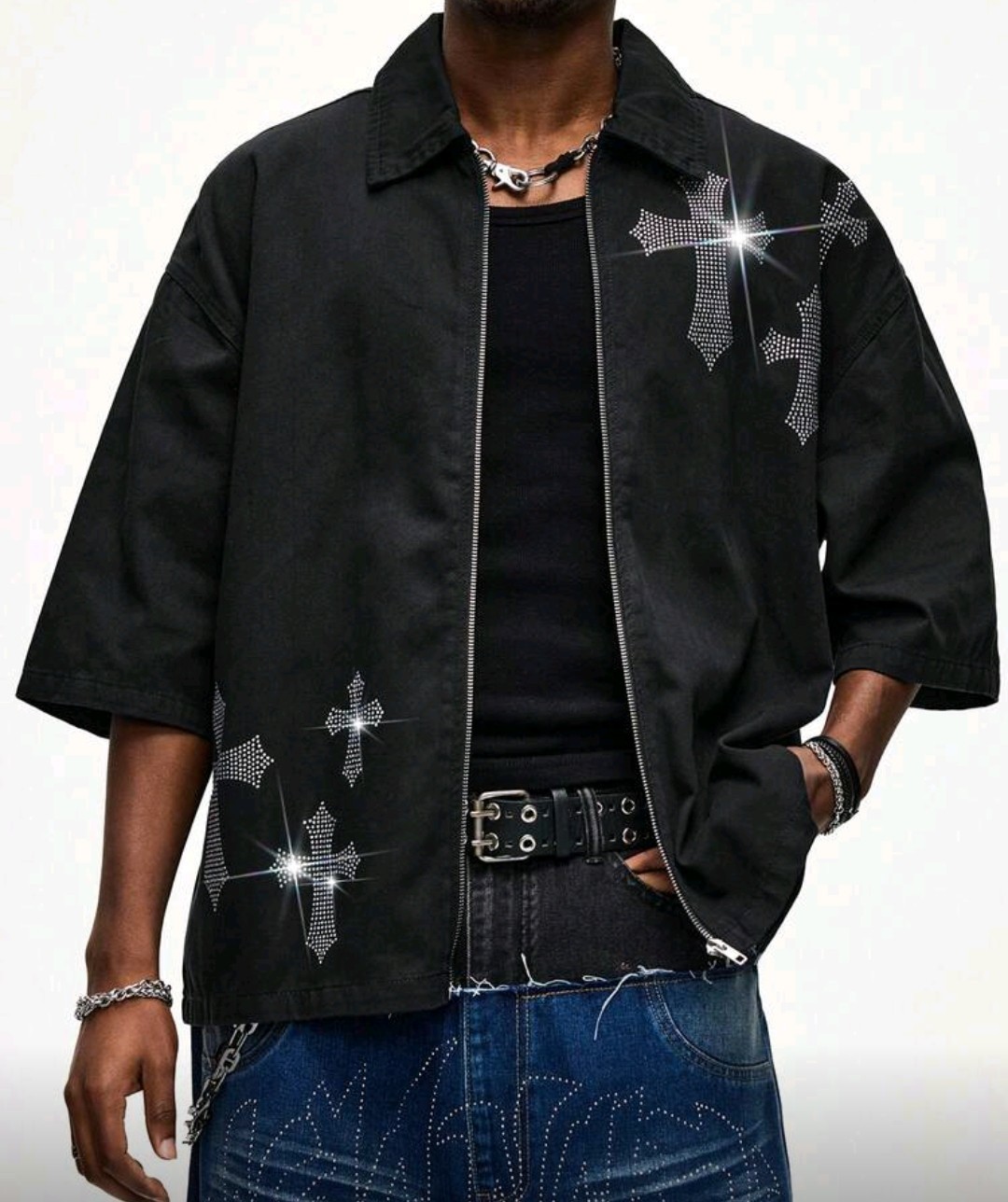 New Luxury Men Diamond Crosses Rhinestones Denim Zip Shirt Jacket High Quality