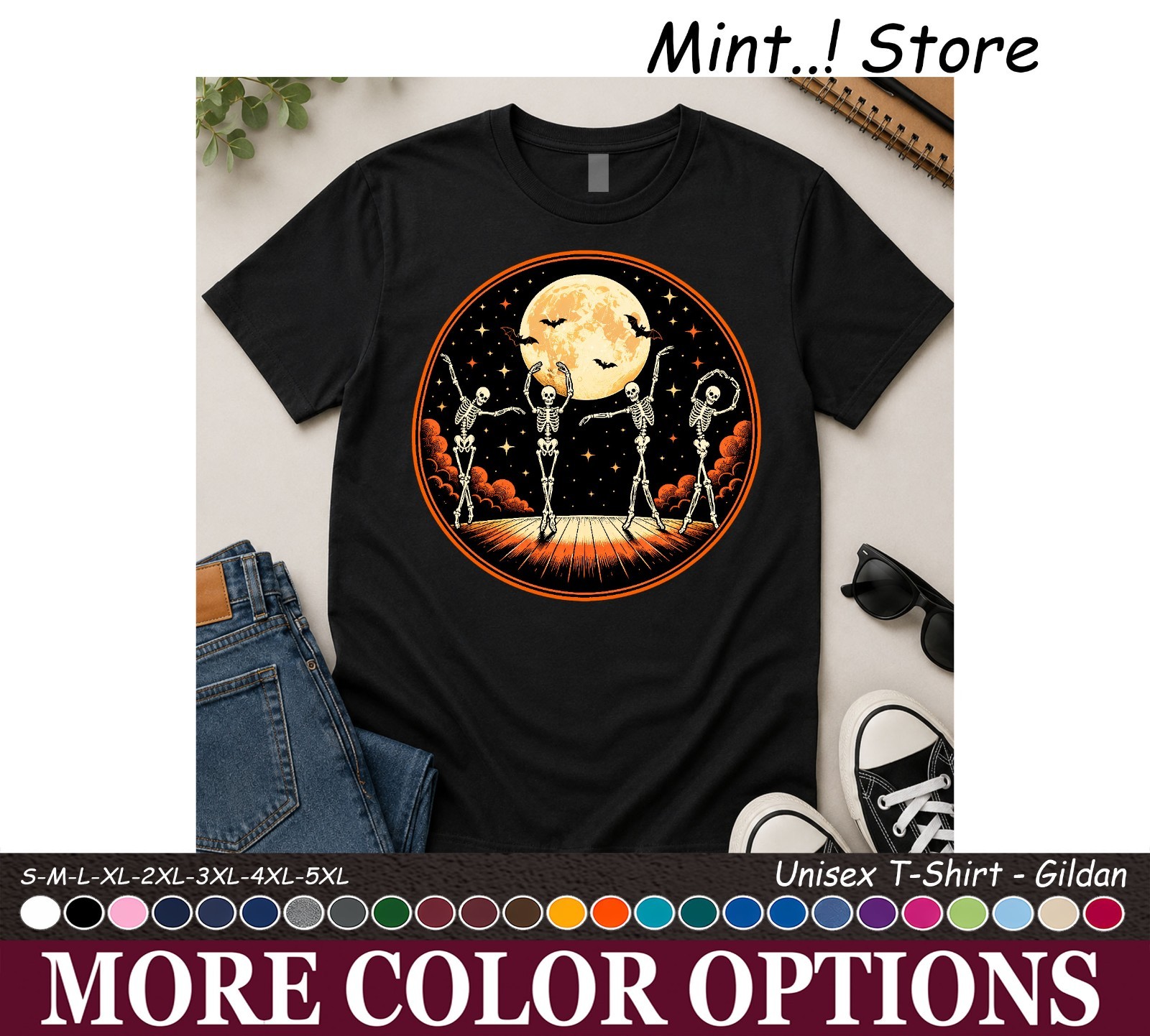 Dancing Skeletons Halloween Shirt, Full Moon Retro Unisex Tee