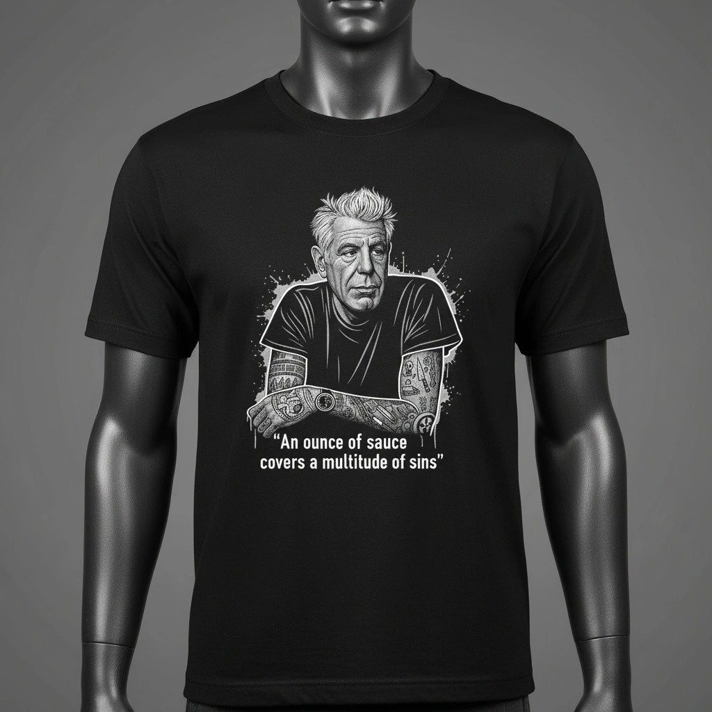 Anthony Bourdain T-Shirt – Sauce Covers Sins Quote Tee – Culinary Kitchen Chef
