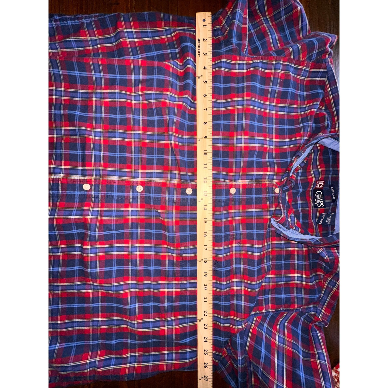 Chaps Mens XXL Red Navy Blue Plaid Easy Care Button Down Shirt Long Sleeve