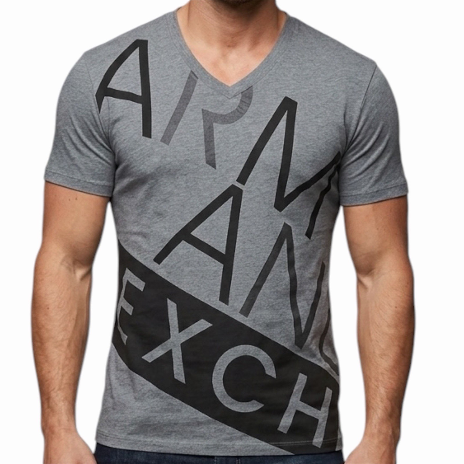 ARMANI EXCHANGE Grey BIAS Short Sleeve Slim Fit Designer V-NECK T-shirt NWT