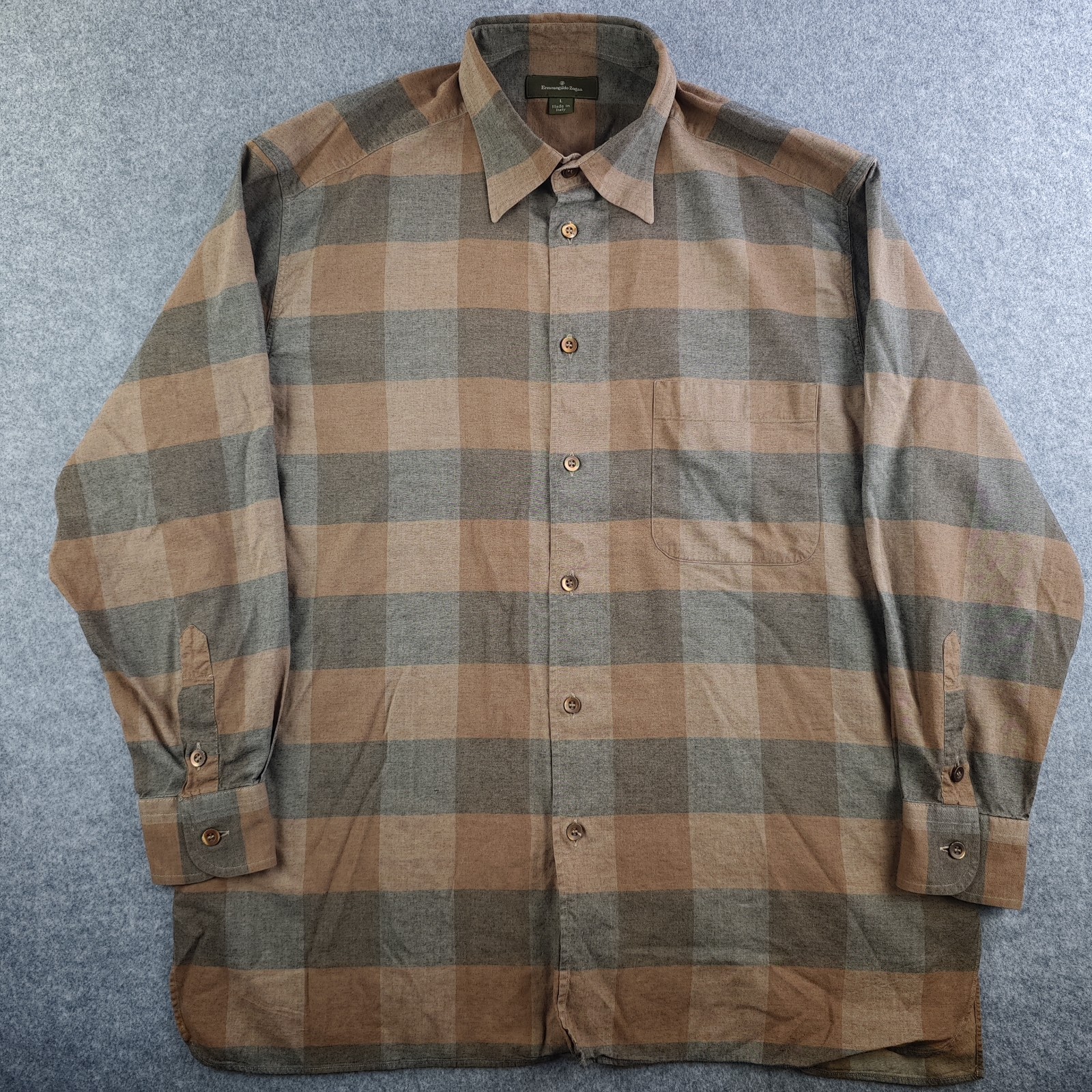 Ermenegildo Zegna Shirt Mens Large Brown Plaid Long Sleeve Button Up Italy