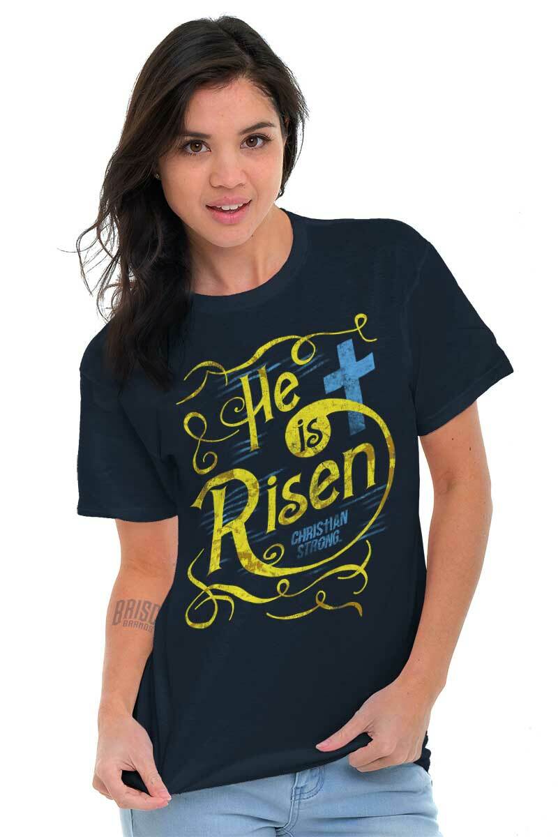 Christian Strong Faith He Is Risen Cross Womens Graphic Crewneck T Shirt Tee