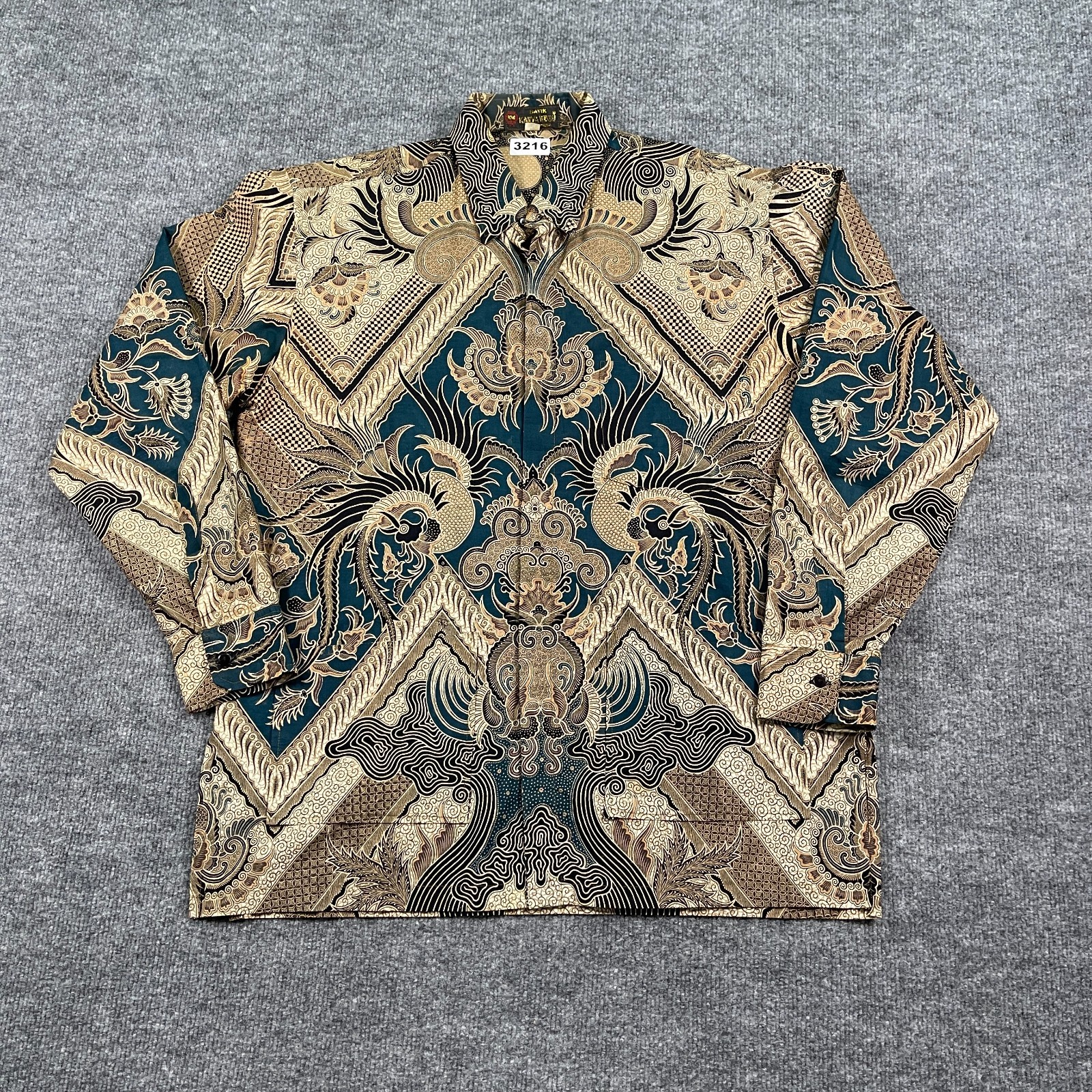 Vintage Boho Sogan Tribal Art AOP Batik Button Shirt Large 22×29 Indonesia
