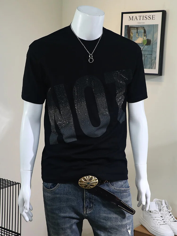 New Men Luxury Rhinestones Fashion Diamonds Black White T-Shirt High Quality