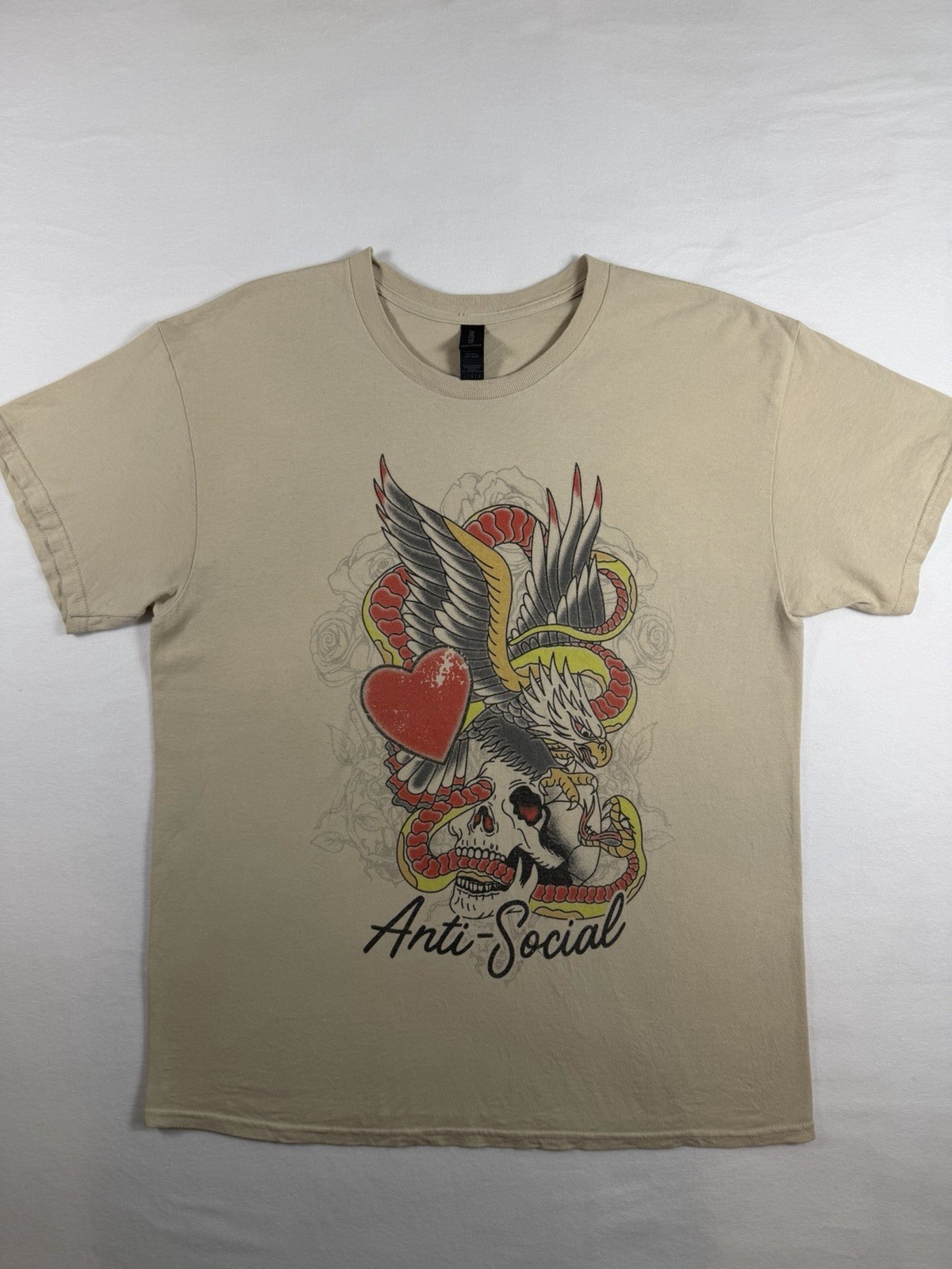 Anti Social Shirt Beige Bleached Ed Hardy Style Skull Graphic Adult Size L