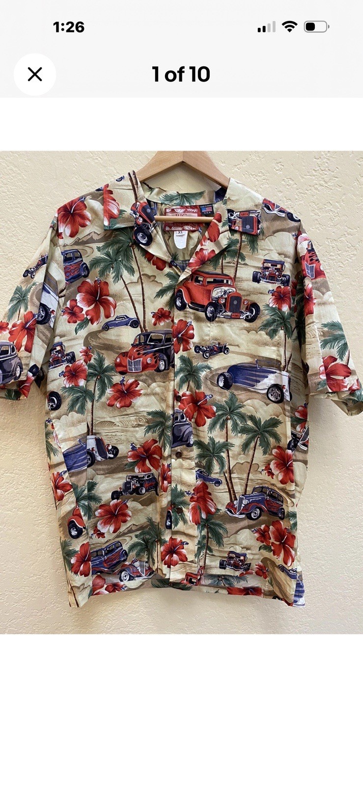 RJC Men’s XL Hawaiian Hot Rod Cars Print Cotton Short Sleeve Button-Up Shirt