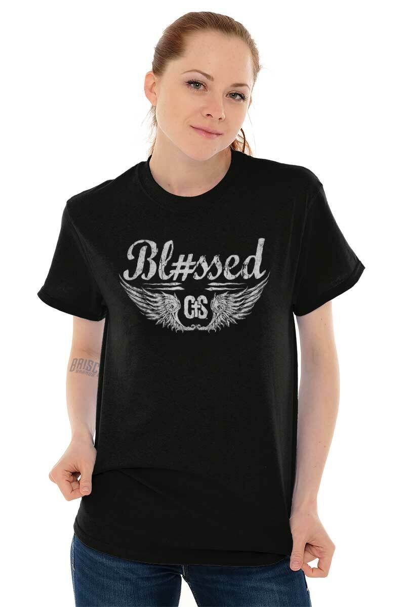 Christian Strong Hashtag Blessed Angel Wings Womens or Mens Crewneck T Shirt Tee
