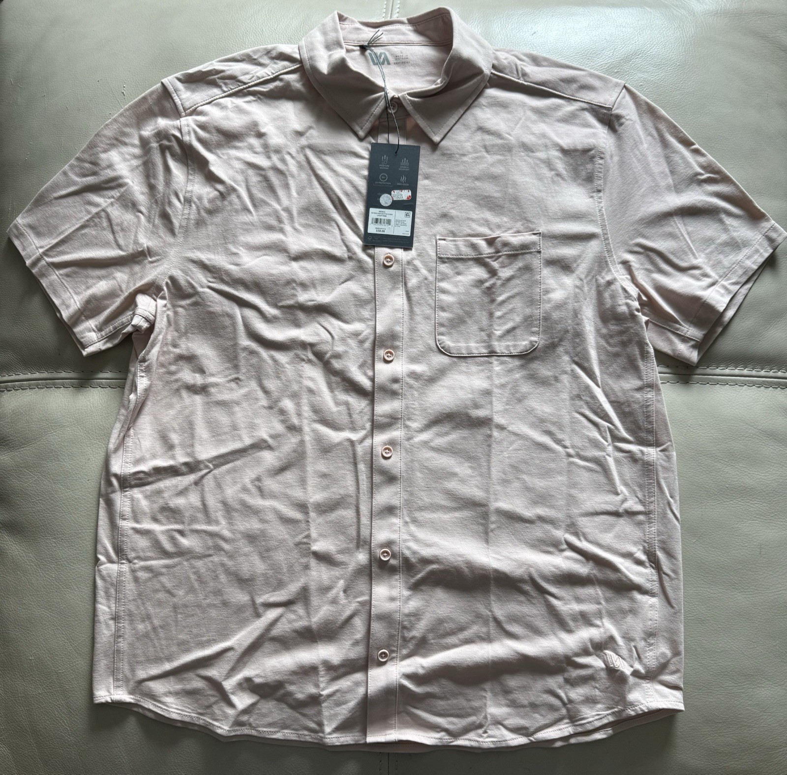 VRST Pink Solid Short Sleeve Button-Up Shirt L Moisture Wicking UV Anti-Odor