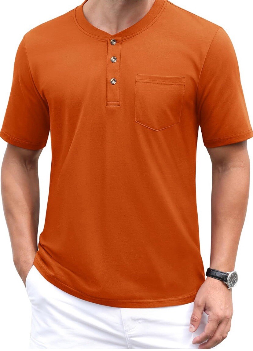 MAGCOMSEN Men’s Henley Shirts Short Sleeve Pocket Tee Shirts Dark Orange Size S