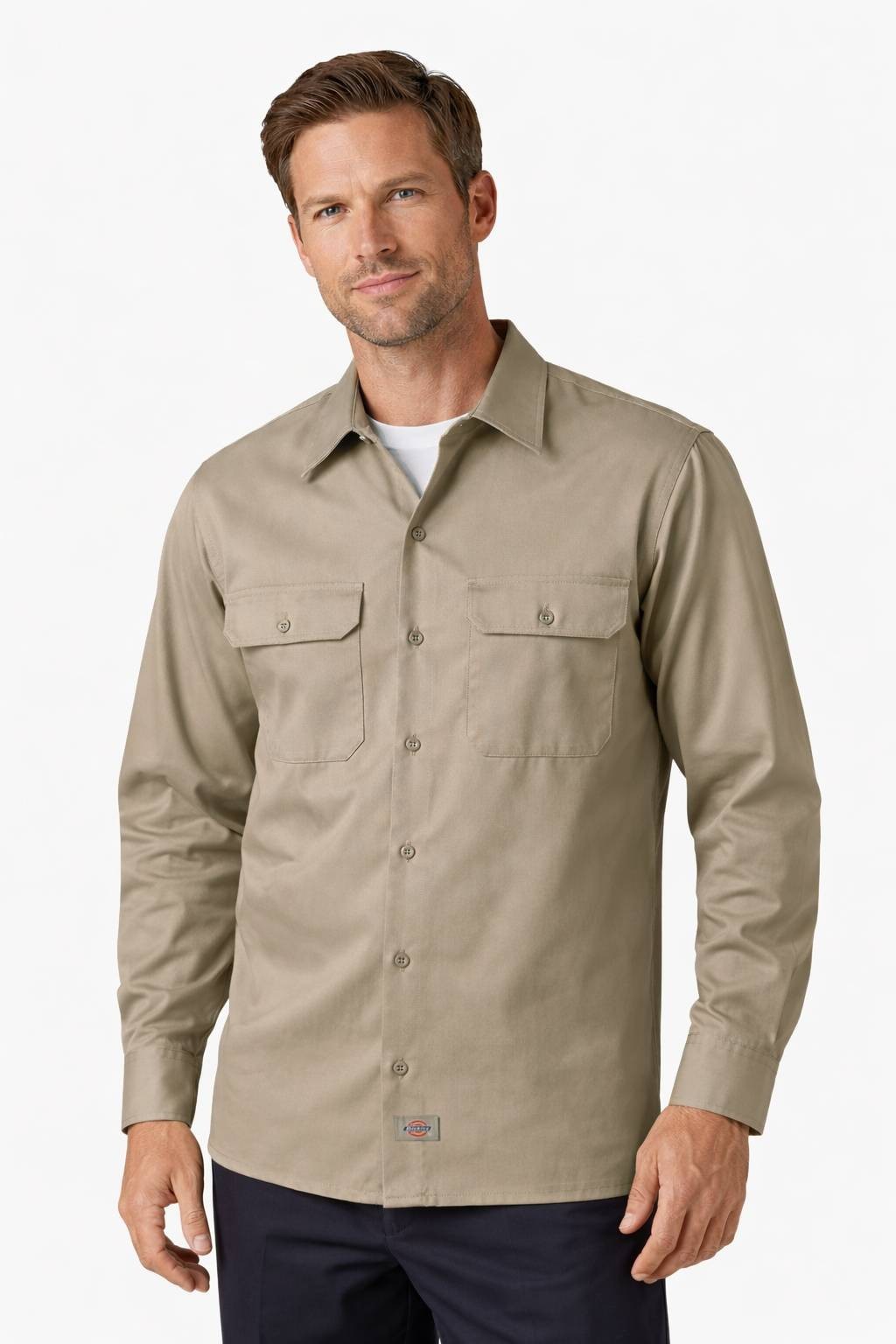 Dickies Men’s 574 Twill Work Shirt, Long Sleeve Button-Up Original Fit, Khaki