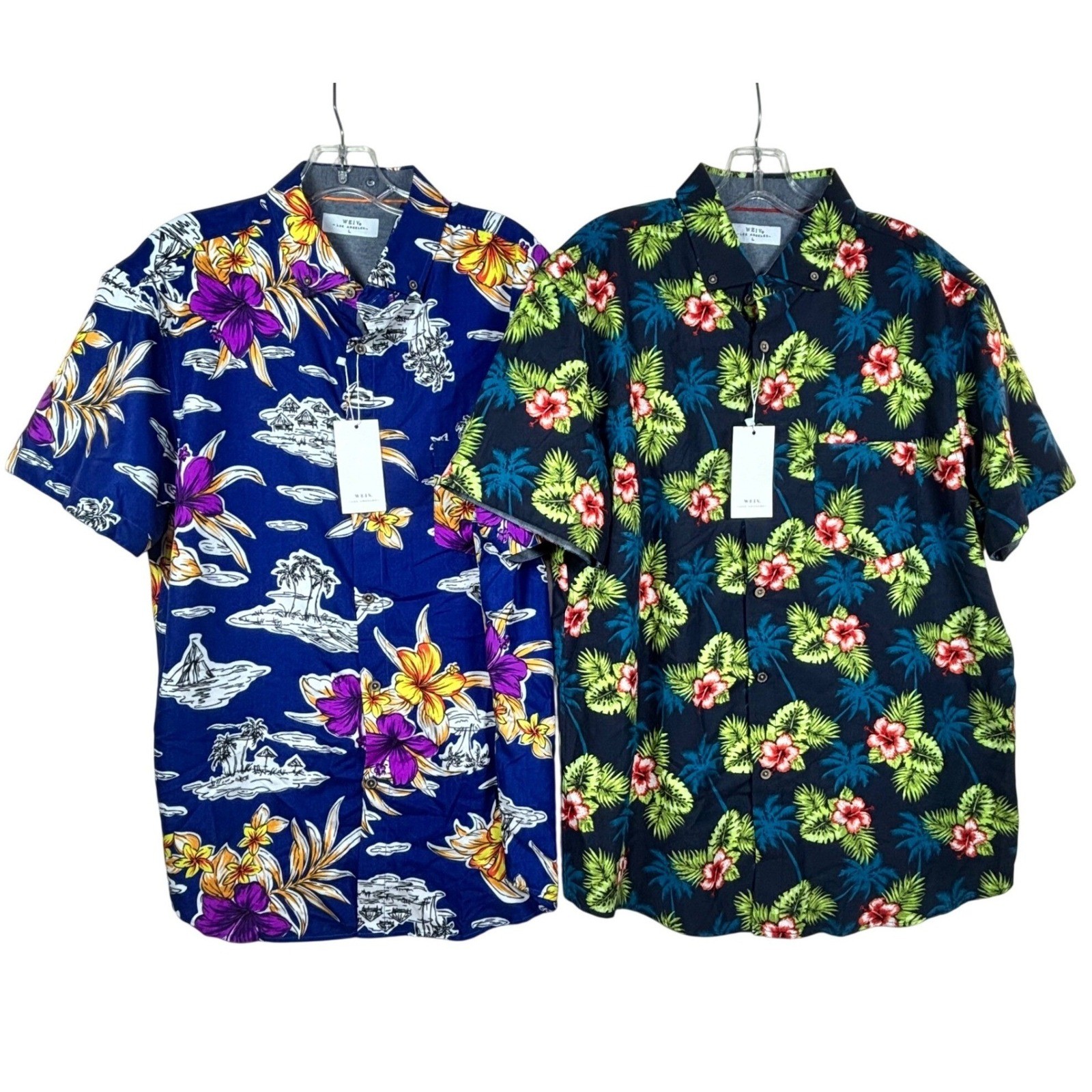 Two WEIV Los Angeles Men Tropical Hawaiian Shirt Short Sleeve Floral Print L NWT