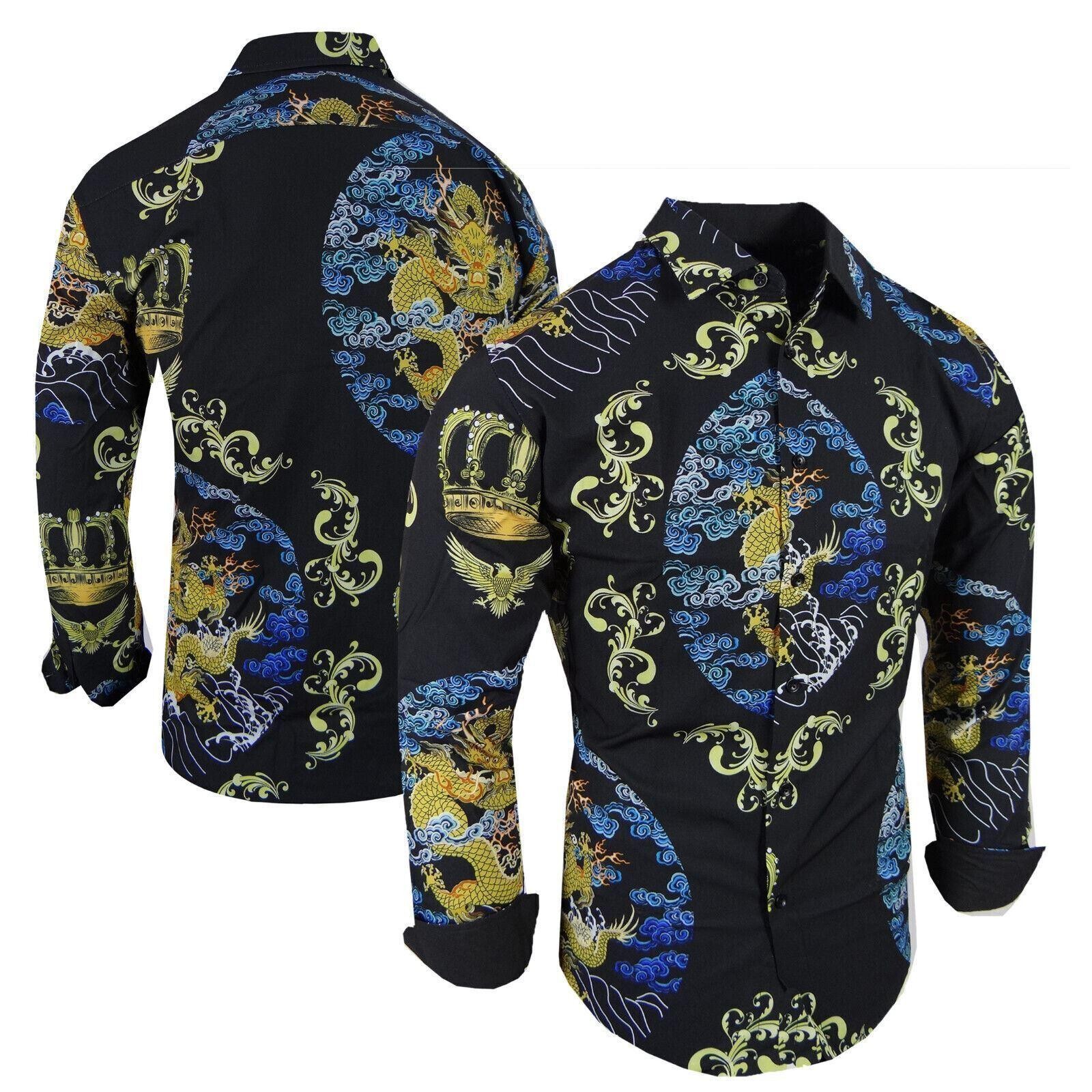 Men Shirt Black Designer Florals Animal Dragon Print Stretch Slim Fit Button Up