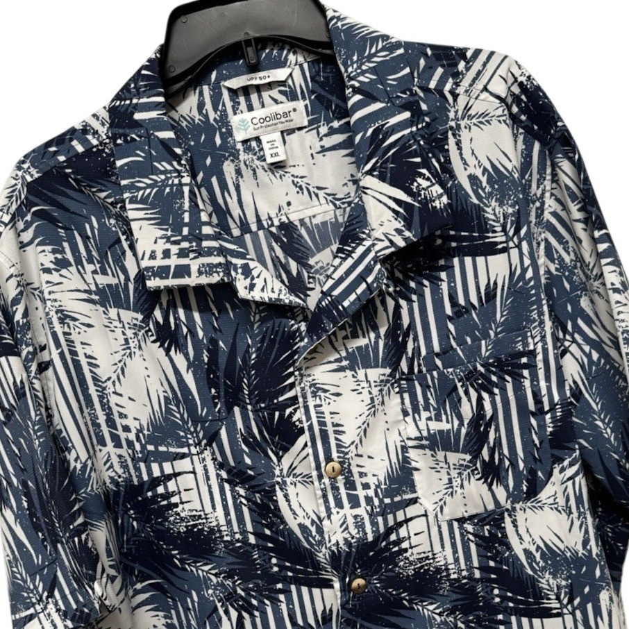 Coolibar Mens XXL UPF 50+ Sun Protection Shirt Navy Tropical Palm Button Down