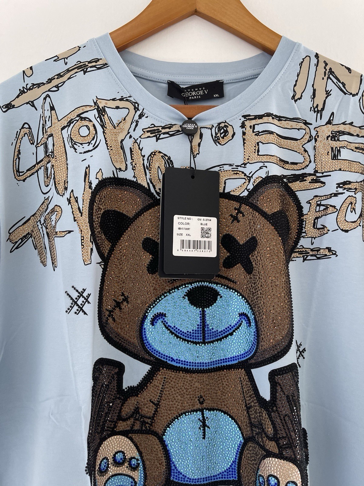 Avenue George V Paris T-Shirt Teddy Bear Rhinestone Men’s Blue fitted Tee