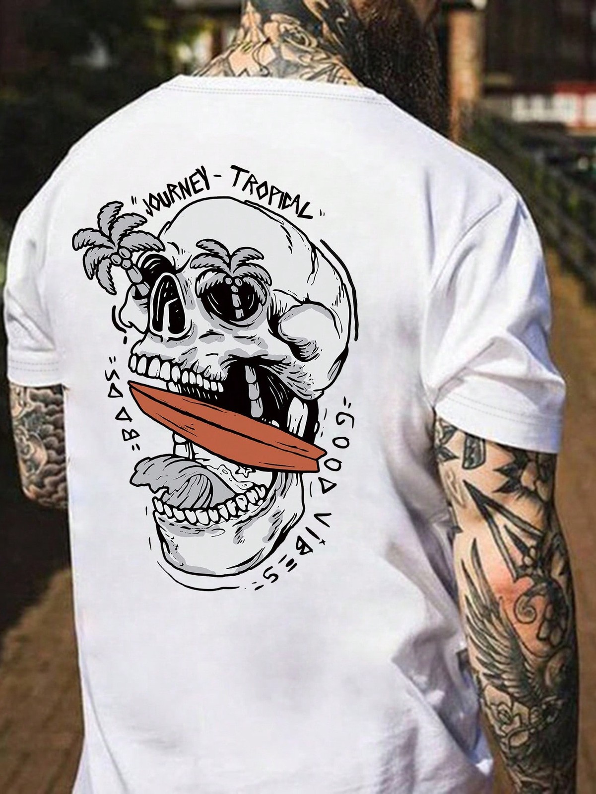 Men’s Summer Casual Letter & Skeleton Print Round Neck Short Sleeve T-Shirt