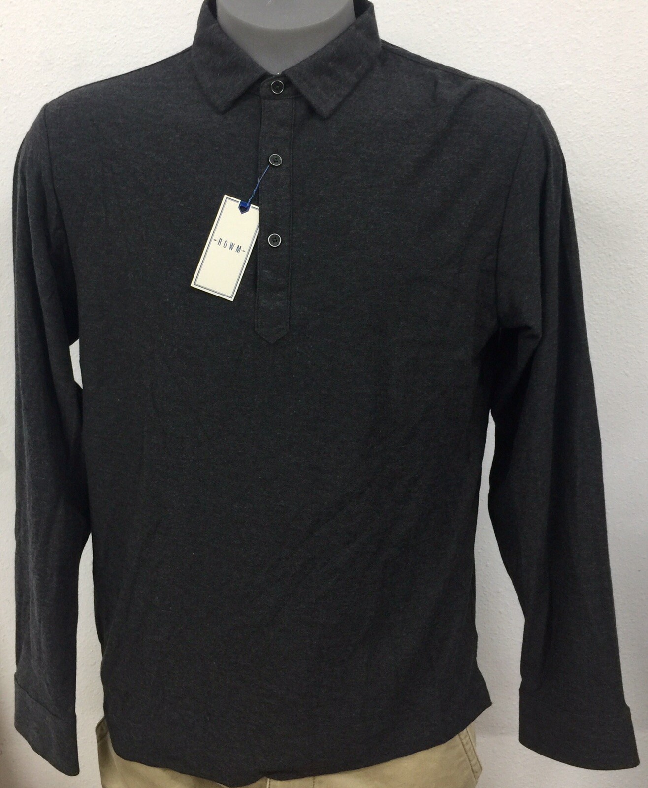 Rowm Men’s Charcoal Heather L/S Collared Polo w/ Buttons NWT $49.50 Choose Size