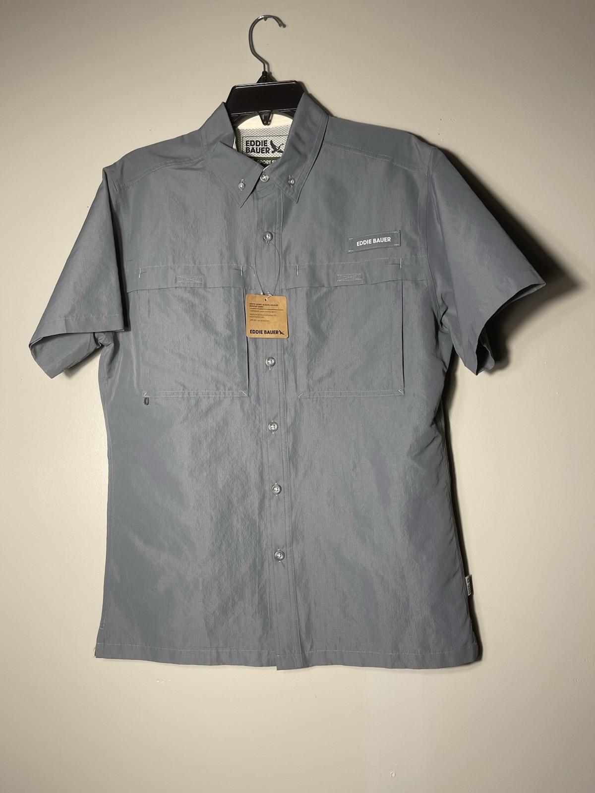 Eddie Bauer Mens Short Sleeve Rainier Ripstop Button Down Shirt UPF 50 Gray Sz S