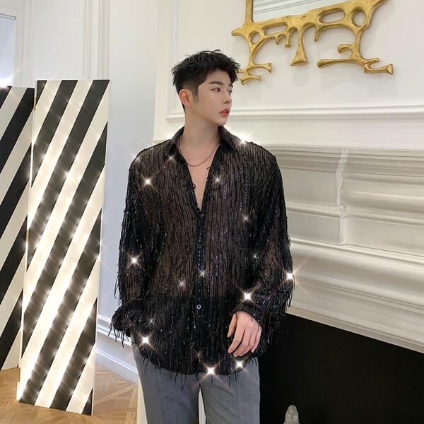 New Men Party Tassel Glitter Sequins Shirts Long Sleeve Youth Loose Tie Shirt