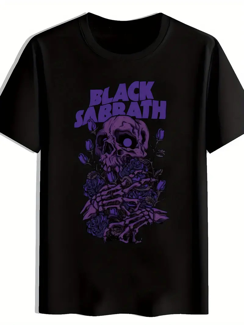 Men’S Black T-Shirt with Purple Skull & Roses Graphic – ” ” Band Design, Casual
