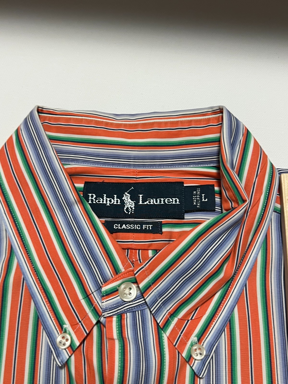 Ralph Lauren Shirt Classic Fit Preppy Striped Orange Blue Men’s size Large