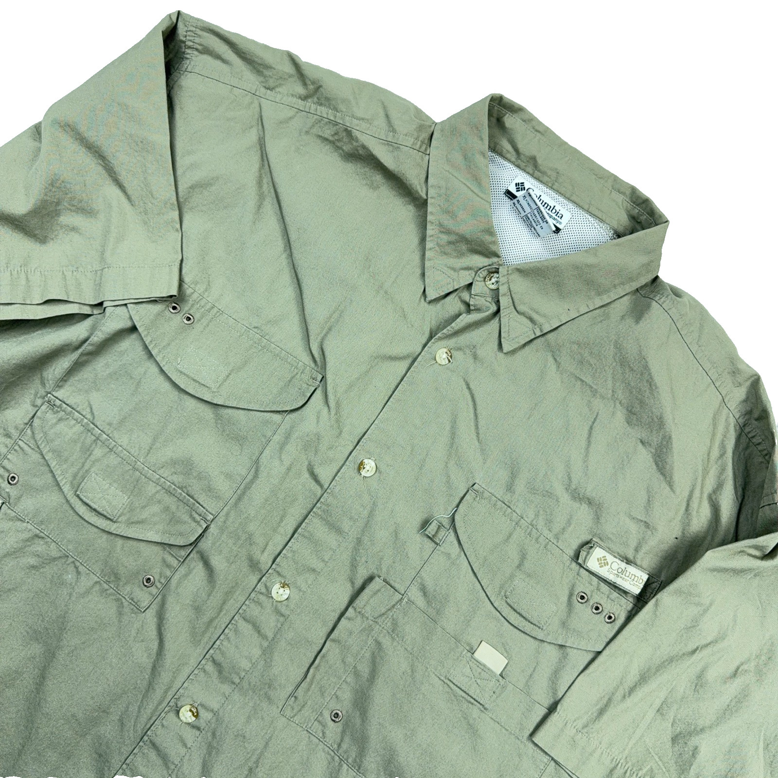 Columbia PFG Shirt Men XL Olive Green Button Up Fishing Vented Camp 100% Cotton