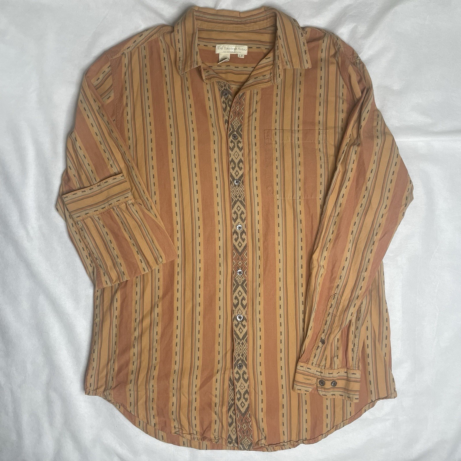 Territory Ahead Western Aztec Shirt Mens Size LT Button Up Cotton Striped Orange