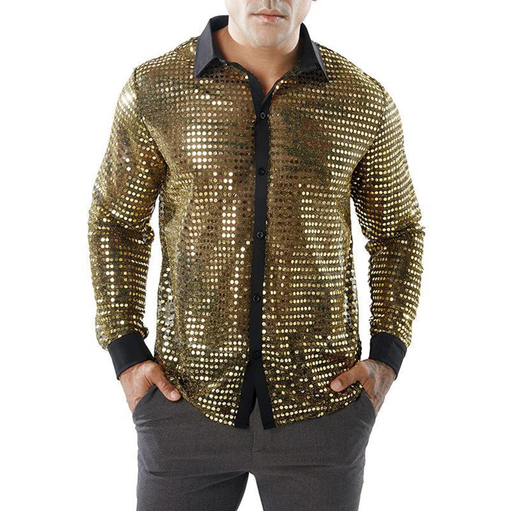 Dazzling Men’s Sparkly Sequins Party Dance Shirt Retro 70s Disco Nightclub Tops