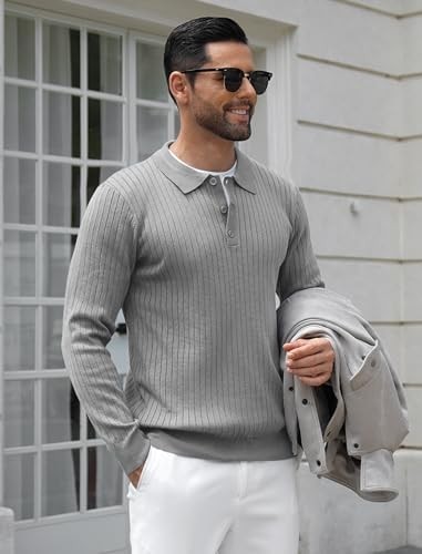 Men’s Button Down COOFANDY Mens Knit Polo Shirts Long Sleeve Button-Down Collar
