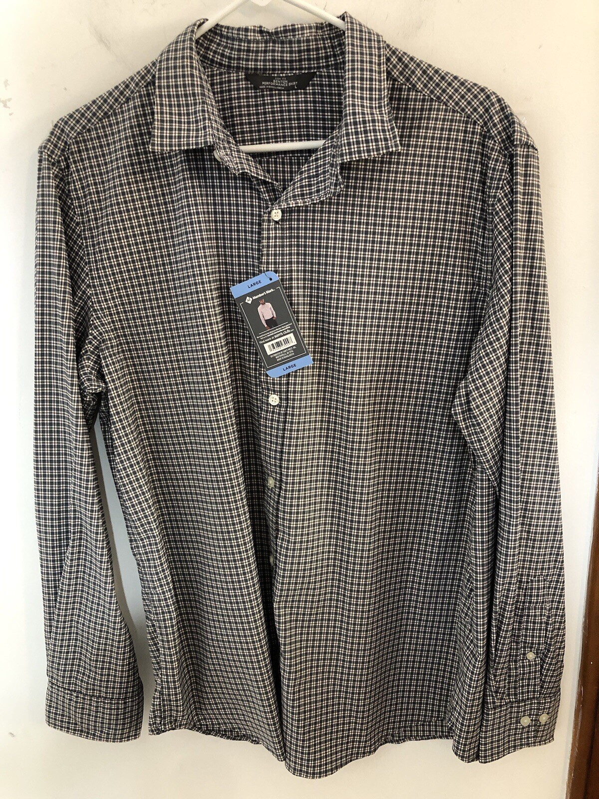 Members Mark Mens Large Long Sleeve Slim Fit Benton Performance Shirt Plaid Grey