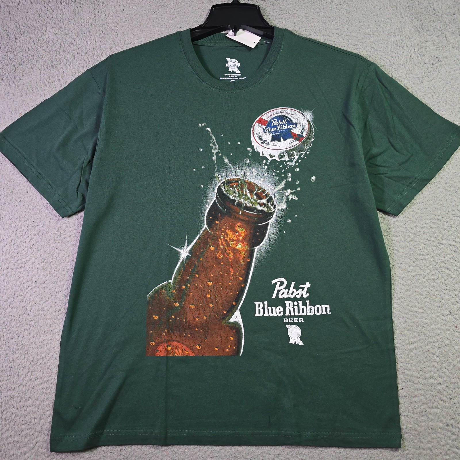 PBR Pabst Blue Ribbon Beer Shirt Mens Large Green Casual Distressed Bottle NWT