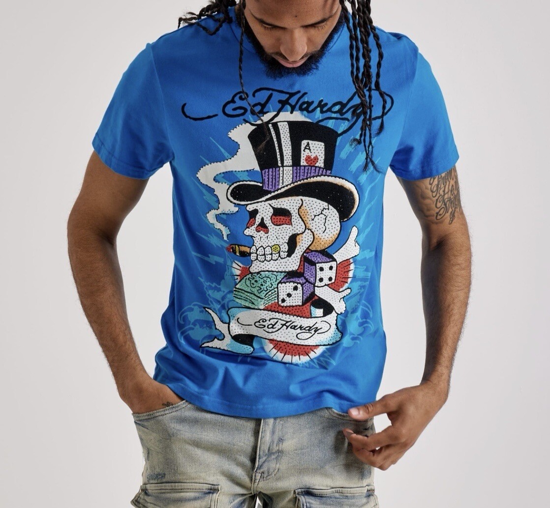 Ed Hardy Y2K Rhinestone Skull Top Hat Tattoo Capri Blue RARE T-shirt Men’s Sizes