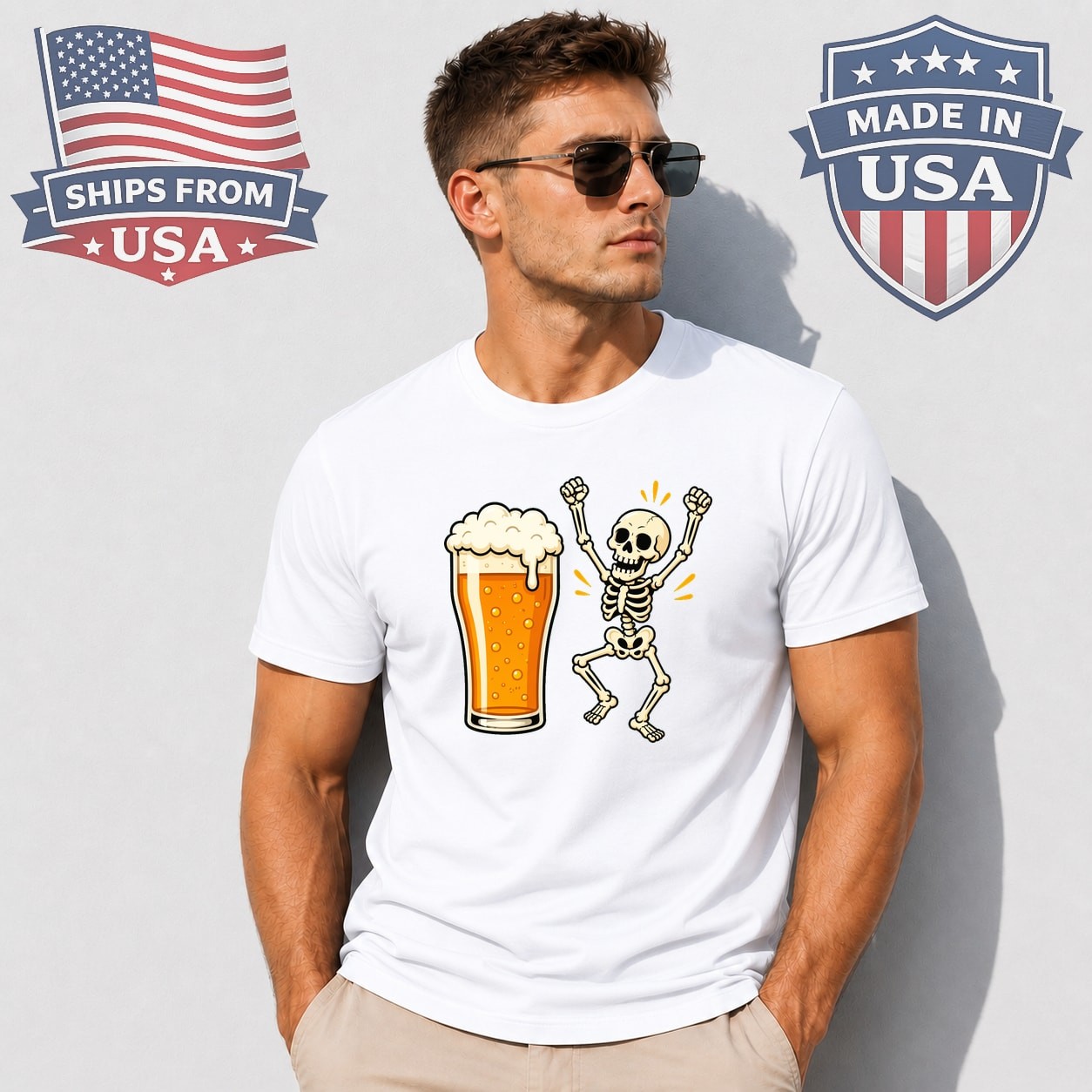 Beer Drinking Skeleton Graphic T-Shirt Funny Drunk Party Joke