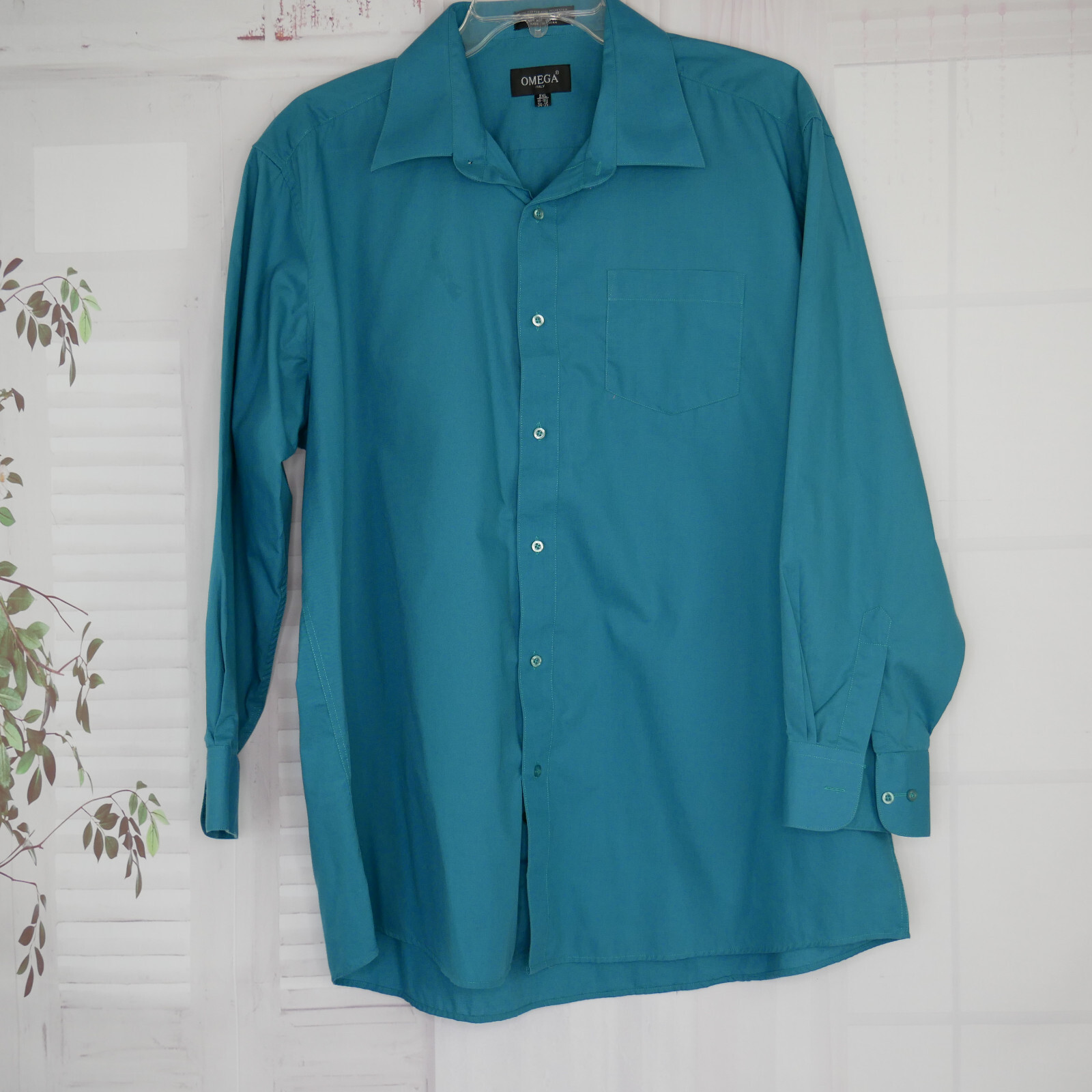 Omega Italy Dress Shirt 2XL Teal Blue Button Up Points Long Sleeve Pocket EUC