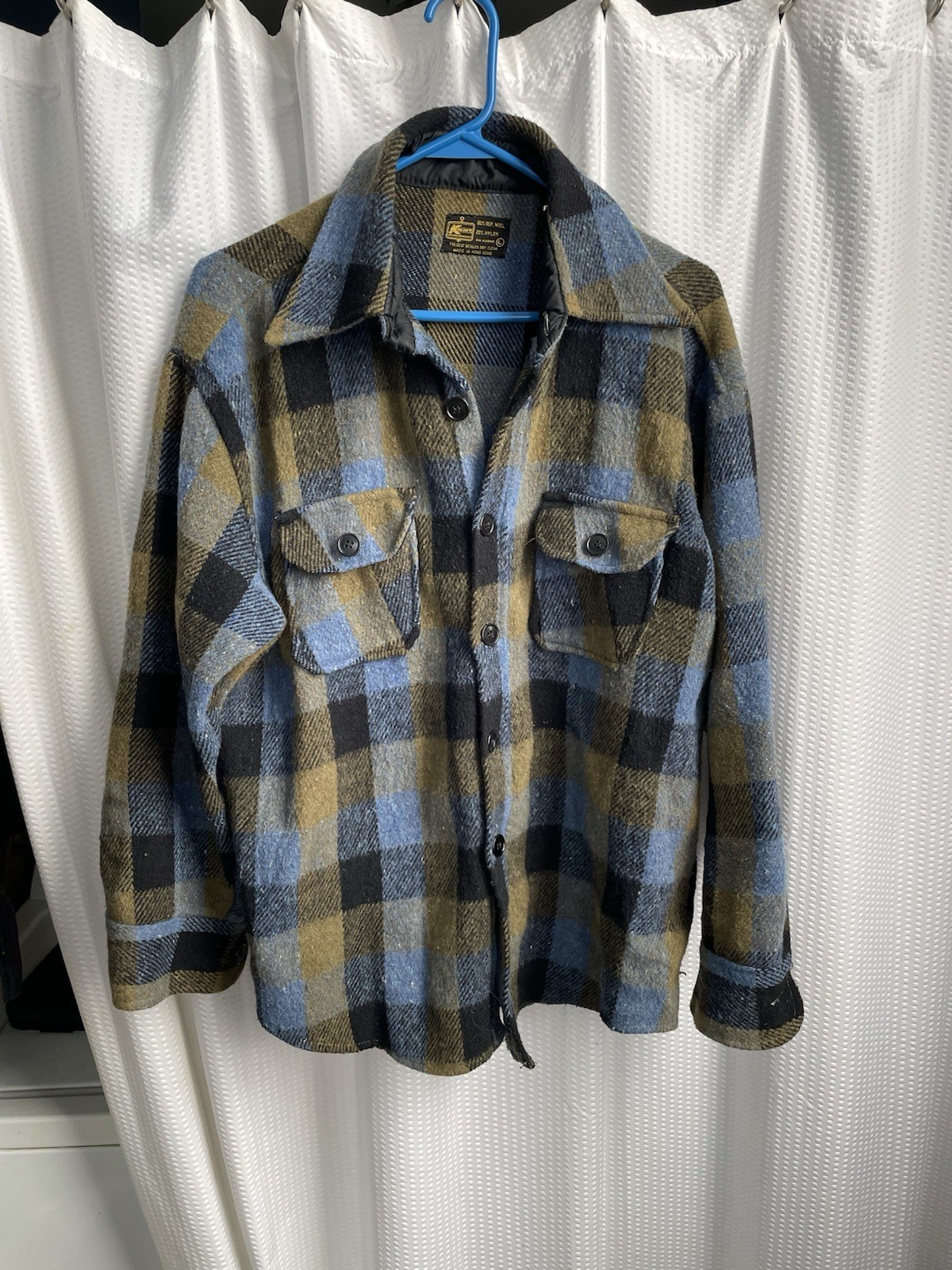 Vintage Kmart Plaid Wool/Nylon Flannel Button Up Shirt Size L Machine Wash