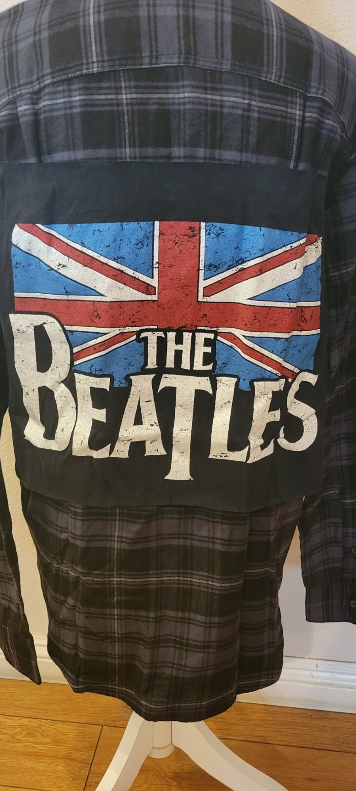 Your choice of BEATLES logo on upcycled flannel. Custom-made to YOUR size