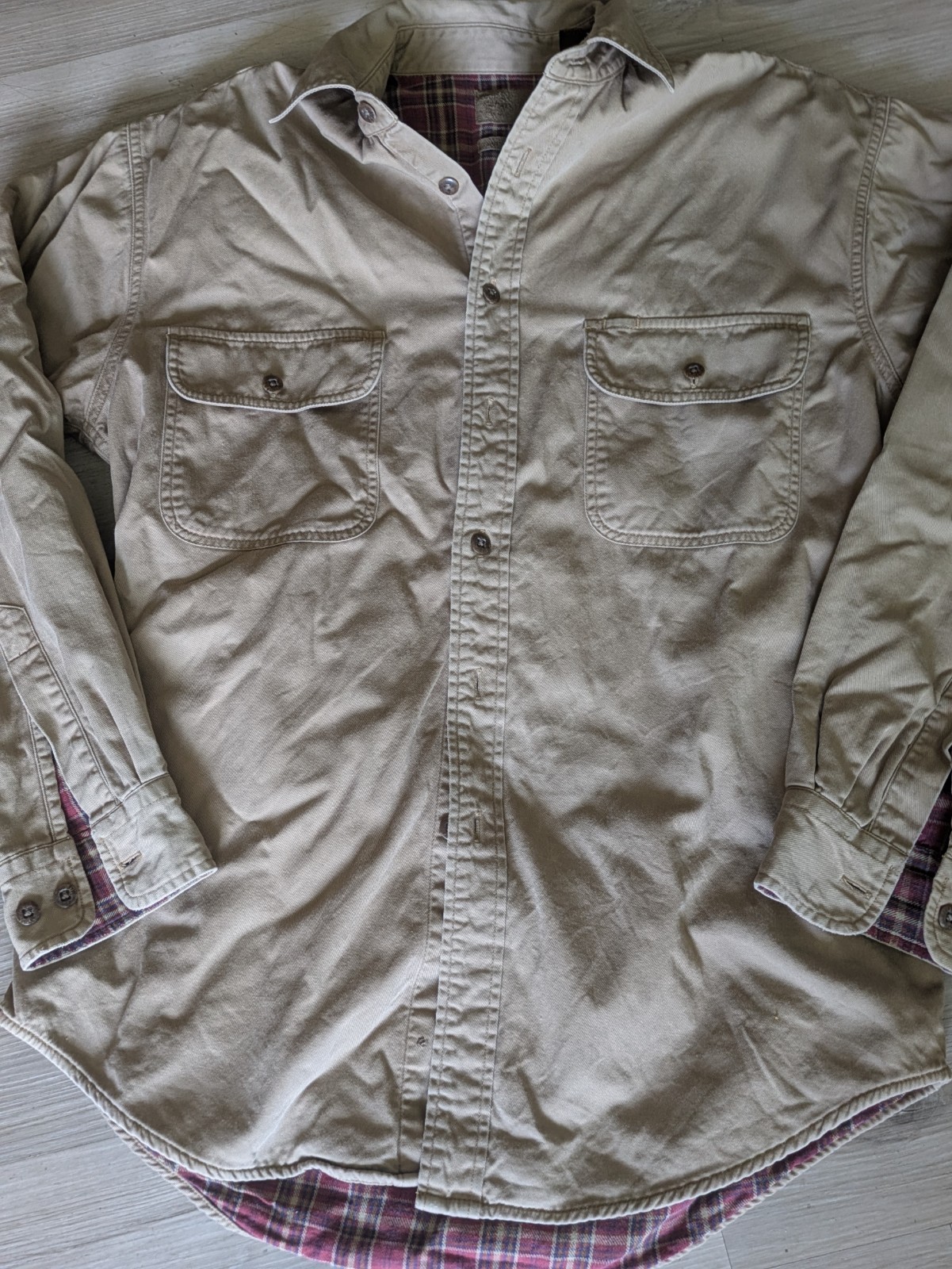 Vtg St John’s Bay Flannel Lined Chamois Beige Shacket Shirt Mens Medium Tall