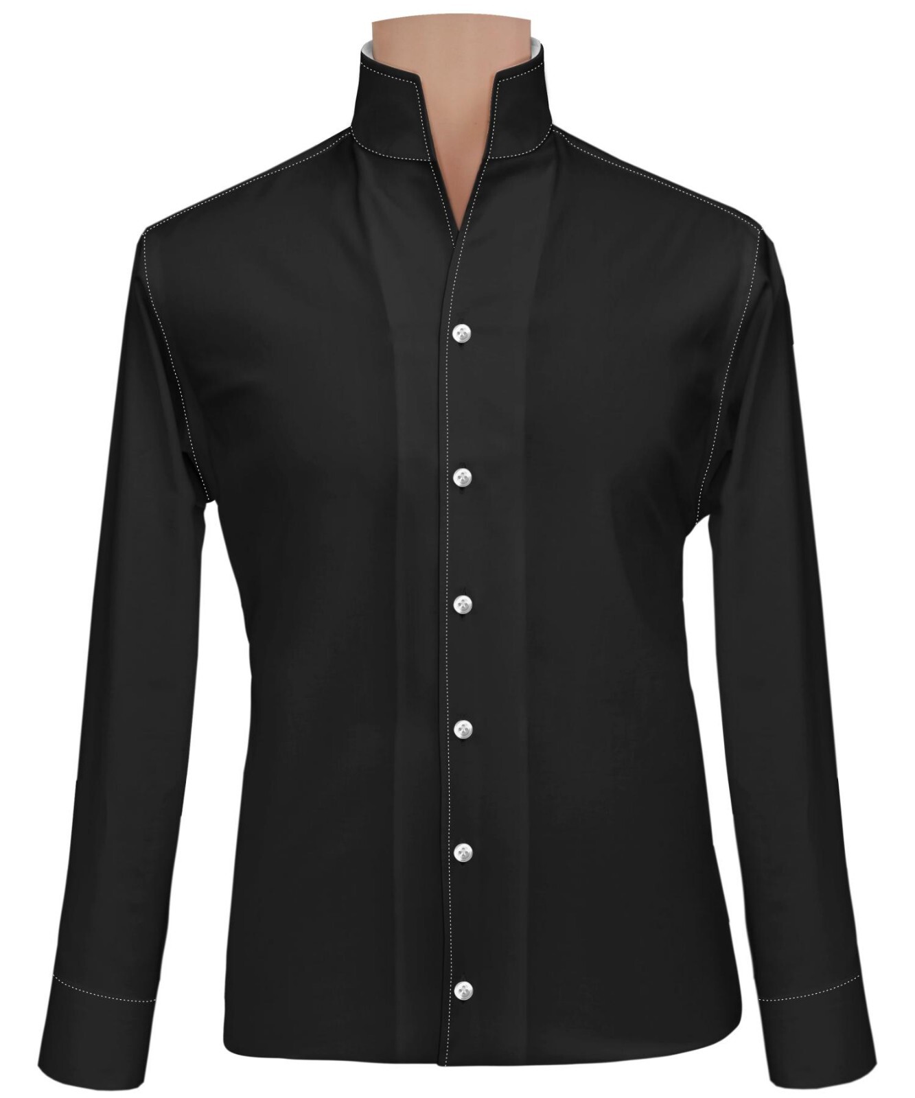 Black Contrast White Stitch High Open Collar Mens Preppy Style 100% Cotton Shirt