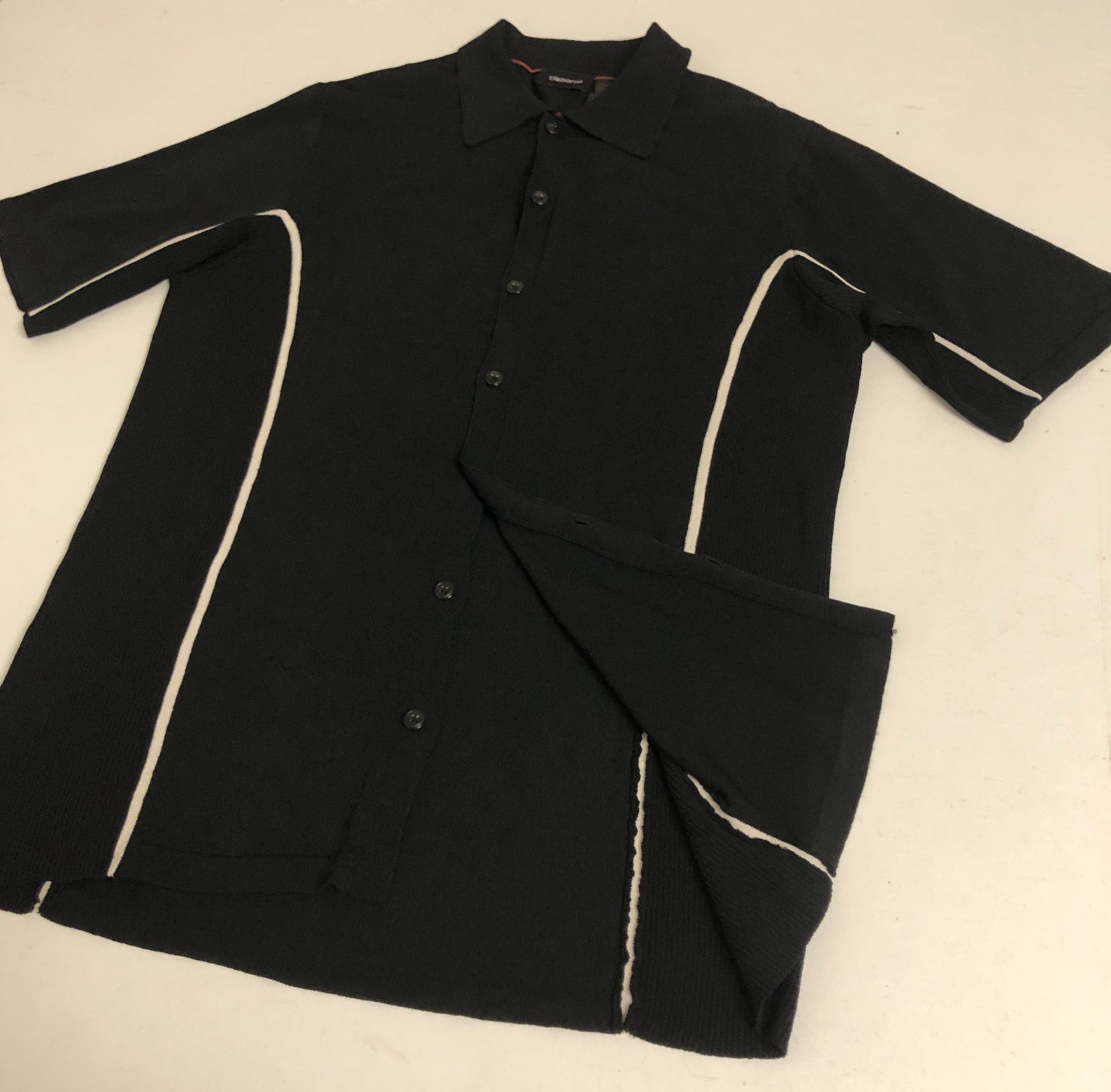 vtg mens Black Ribbed Knit Button Up Top Sz M Rayon Nylon Blend Hong Kong EUC
